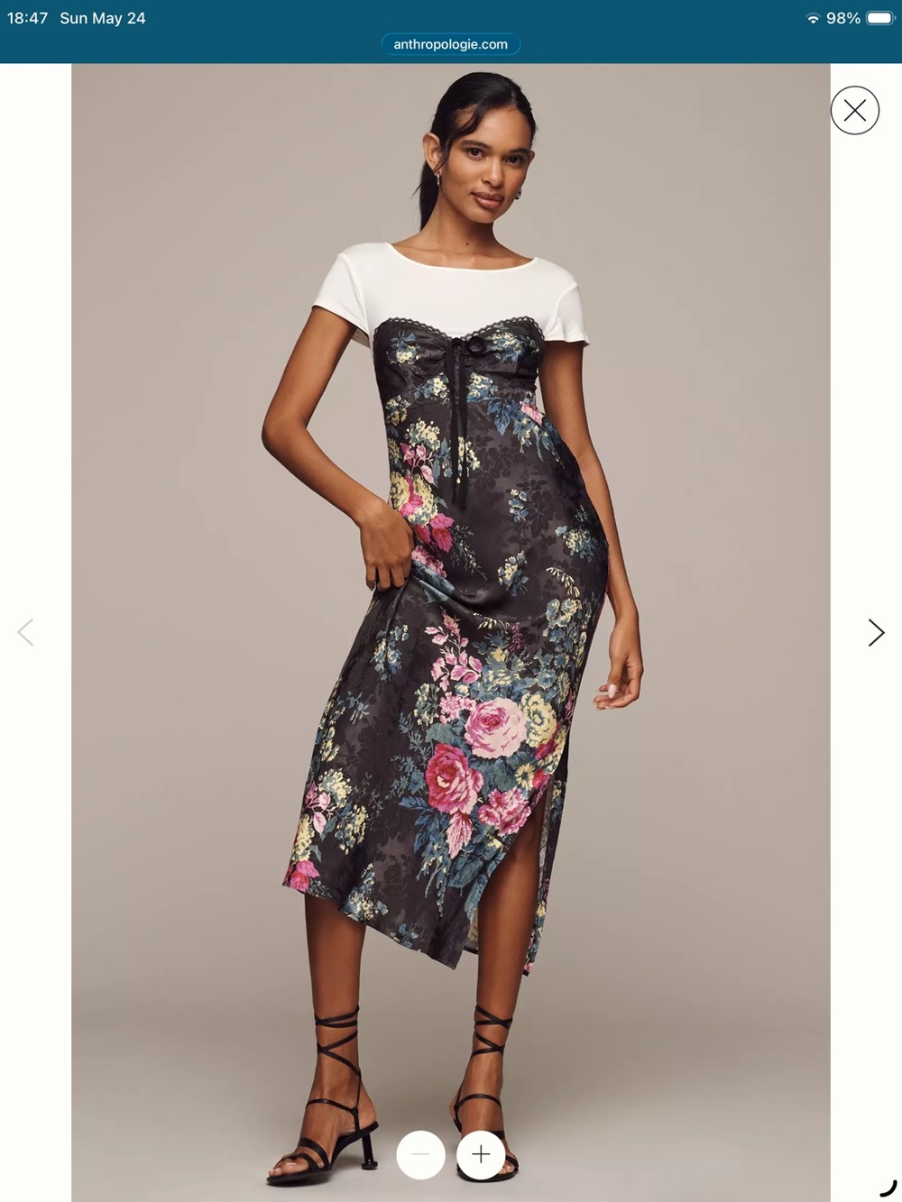 Anthropologie Twofer Black Floral Lace-Up Midi Slip Dress